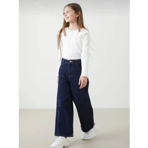 Kız Çocuk Koyu Mavi Mid Rise Wide Leg Jean Pantolon