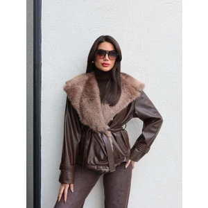 Esra Helvacı Kürk Yaka Kuşaklı Deri Ceket