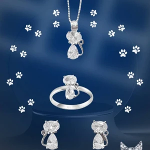 Lunel Silver 925 Ayar Gümüş Taşlı Kedili Takı Seti (Yüzük, Küpe, Kolye Ucu)