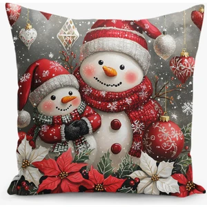 Çift Taraflı Dijital Baskı Kırlent Kılıfı Yılbaşı / Kış Manzarası / Christmas / Kardan Adam Desenli