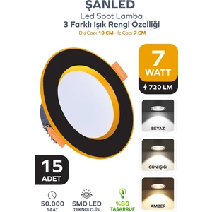 7W 3 Renkli (Beyaz, Gün Işığı, Ikisi Bir Arada) Siyah Gold LED Spot Lamba 15 Adet