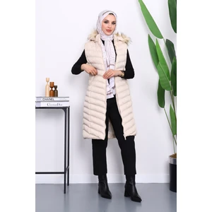 İmaj Butik Bej Kapüşonlu Uzun Şişme Yelek