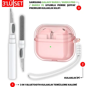 Samsung Galaxy Buds3 ve Buds3 Pro Uyumlu Şeffaf Pembe Kılıf, Kulaklık Ipi ve Temizleme Kalemi Seti