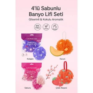 4’lü Sabunlu Banyo Lifi Seti Gliserinli Aromatik Lif Süngeri – Kolajen, Sakura, Çilek, Kavun