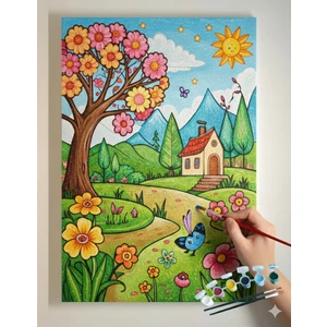 Dudu Gift 25 x 35 cm Resimli Tuval Çocuk Boyama Seti Ev ve Bahçe Renk Akrilik Boya ve 2 Fırça Adet Fırça