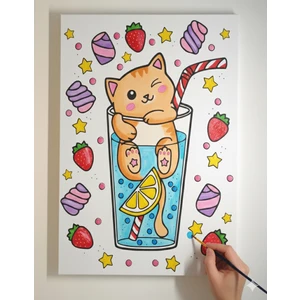 Dudu Gift 25X35 Resimli Tuval Çocuk Boyama Seti- Bardak Kedi-6 Renk Akrilik Boya ve 2 Fırça Adet Fırça