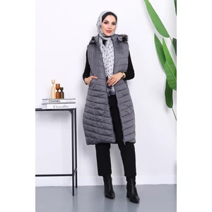 İmaj Butik Antrasit Kapüşonlu Uzun Şişme Yelek