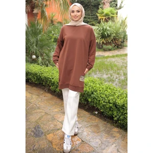 İmaj Butik Kahverengi Bisiklet Yaka Armalı Tunik