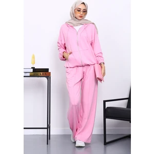 İmaj Butik Pembe Kapşonlu Fermuarlı Kanguru Cepli Modal Takım