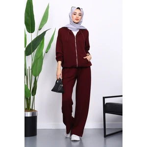 İmaj Butik Mürdüm Kapşonlu Fermuarlı Kanguru Cepli Modal Takım