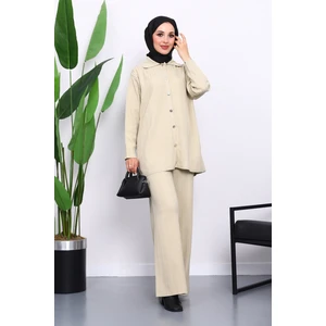 İmaj Butik Bej Gömlek Yaka Düğmeli Pantolonlu Triko Takım