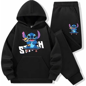 Punix Kids Punıx Kıds Özel Seri Kapüşonlu Stitch Baskılı %100 Pamuk Kışlık Kız-Erkek Çocuk Eşofman Takımı