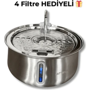 4 L Paslanmaz Çelik Su Pınarı Kedi Köpek Premium Su Çeşmesi Ultra Sessiz Su Sebili 4 Filtre Hediye