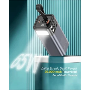 20.000 Mah 65 Watt Hızlı Şarj LED Işıklı Dahili Kablolu Powerbank | Type-C + USB Çıkışlı | Yüksek Kapasiteli Şarj Cihazı