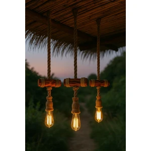 Jüt Sarkıt Halat Tekli Bohem Tarzı Ahşap Avize 3 Adet