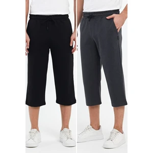 Erkek 2'li Yanları Cepli Bermuda Diz Altı Kapri Beli Ayarlanabilir Lastikli Uzun Şort