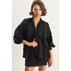 Kadın Zikzak Püsküllü Oversize Gömlek