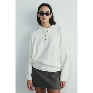 Suud Collection Ekru Rani Polo Yaka Oversize Kazak