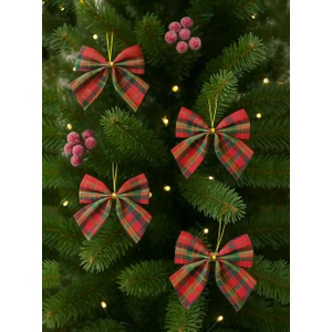 Parti Adresi Yılbaşı Ağaç Süsü Dekoratif Ekose Kurdele Fiyonk Kırmızı Yeşil 8 cm 4'lü    