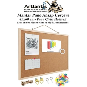 Mantar Pano Ahşap Çerçeve 45X60 cm 1 Adet Harita Çivisi Hediyeli Duvara Monte Mantar Çerçeve Evde Okulda Büroda Ofiste