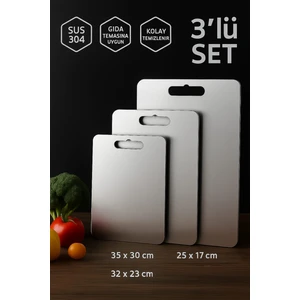 3 Adet Paslanmaz Çelik Kesme Tahtası, Hijyenik Yüzey, Orta Boy-Büyük Boy-Xl Büyük Boy, 3'lü Set