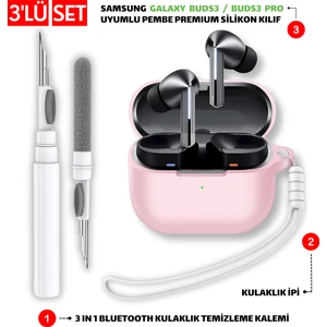 Samsung Galaxy Buds3 ve Buds3 Pro Uyumlu Kulaklık Kılıfı, Kulaklık Ipi ve Temizleme Kalemi Seti