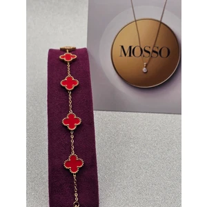 Yonca Model Kırmızı Çelik Bileklik Van Cleef Gold Renk