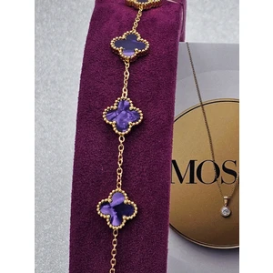 Yonca Model Sedefli Mor Çelik Bileklik Van Cleef Gold Renk