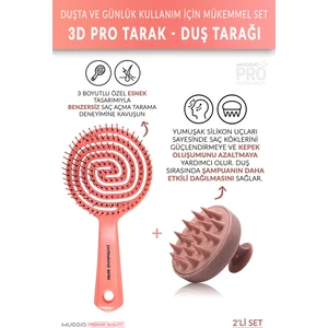 Pembe Pro Üç Boyutlu Oval Saç Fırçası + Pembe Silikon Duş Masaj Tarağı