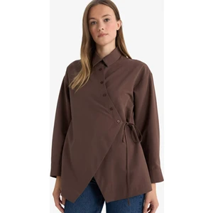 Regular Fit Gömlek Yaka Önden Bağlamalı Poplin Uzun Kollu Gömlek Tunik F8347AX25AU