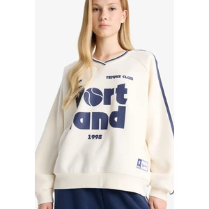 Oversize Geniş Kalıp V Yaka Baskılı Kalın Sweatshirt E8794AX25WN