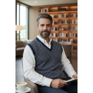 Erkek Çelik Örgü Ekose Desenli Kışlık Kalın Triko V Yaka Triko Örgü Tüylenmez Baba Süveter Regular