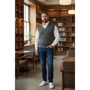 Erkek Çelik Örgü Ekose Desenli Kışlık Kalın Triko V Yaka Triko Örgü Tüylenmez Baba Süveter Regular