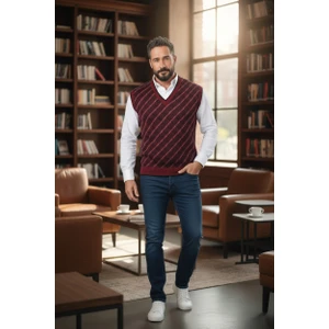 Erkek Çelik Örgü Ekose Desenli Kışlık Kalın Triko V Yaka Triko Örgü Tüylenmez Baba Süveter Regular