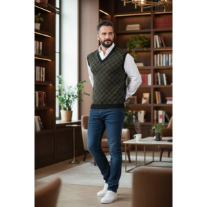 Erkek Çelik Örgü Ekose Desenli Kışlık Kalın Triko V Yaka Triko Örgü Tüylenmez Baba Süveter Regular