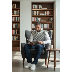 Erkek Çelik Örgü Ekose Desenli Kışlık Kalın Triko V Yaka Triko Örgü Tüylenmez Baba Süveter Regular