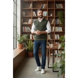 Erkek Çelik Örgü Ekose Desenli Kışlık Kalın Triko V Yaka Triko Örgü Tüylenmez Baba Süveter Regular