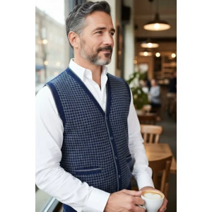 Erkek Çelik Örgü Düğmeli Cepli Kazayağı Desen Tüylenmeyen Triko Kışlık Baba Kazak Yelek