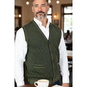 Erkek Çelik Örgü Düğmeli Cepli Kazayağı Desen Tüylenmeyen Triko Kışlık Baba Kazak Yelek