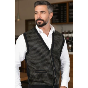 Erkek Çelik Örgü Düğmeli Cepli Kazayağı Desen Tüylenmeyen Triko Kışlık Baba Kazak Yelek