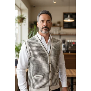 Erkek Çelik Örgü Düğmeli Cepli Kazayağı Desen Tüylenmeyen Triko Kışlık Baba Kazak Yelek