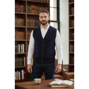 Erkek V Yaka Triko Düğmeli Cepli Çizgi Desenli Regular Fit Tüylenmeyen Örgü Yelek