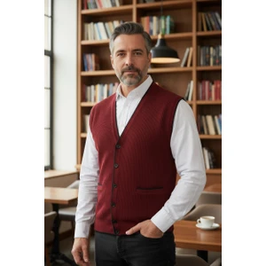 Erkek V Yaka Triko Düğmeli Cepli Çizgi Desenli Regular Fit Tüylenmeyen Örgü Yelek