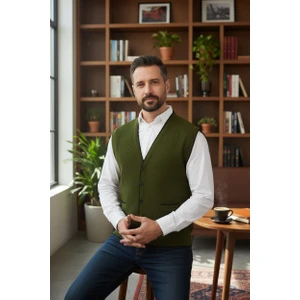 Erkek V Yaka Triko Düğmeli Cepli Çizgi Desenli Regular Fit Tüylenmeyen Örgü Yelek