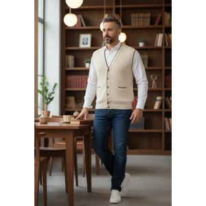 Erkek V Yaka Triko Düğmeli Cepli Çizgi Desenli Regular Fit Tüylenmeyen Örgü Yelek