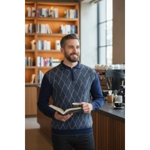 Erkek Çelik Örgü Ekose Desenli Gömlek Yaka Fermuarlı Polo Yakalı Tüylenmez Triko Kışlık Baba Kazak