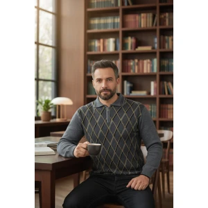 Erkek Çelik Örgü Ekose Desenli Gömlek Yaka Fermuarlı Polo Yakalı Tüylenmez Triko Kışlık Baba Kazak