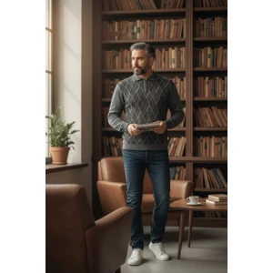 Erkek Çelik Örgü Ekose Desenli Gömlek Yaka Fermuarlı Polo Yakalı Tüylenmez Triko Kışlık Baba Kazak