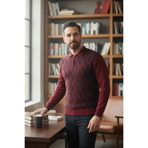 Erkek Çelik Örgü Ekose Desenli Gömlek Yaka Fermuarlı Polo Yakalı Tüylenmez Triko Kışlık Baba Kazak