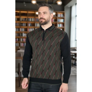Erkek Çelik Örgü Ekose Desenli Gömlek Yaka Fermuarlı Polo Yakalı Tüylenmez Triko Kışlık Baba Kazak